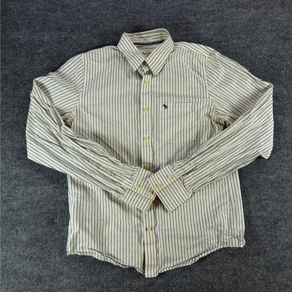 VTG Abercrombie & Fitch Mens XL Muscle Fit Striped Button Up Y2K Shirt Grey Logo